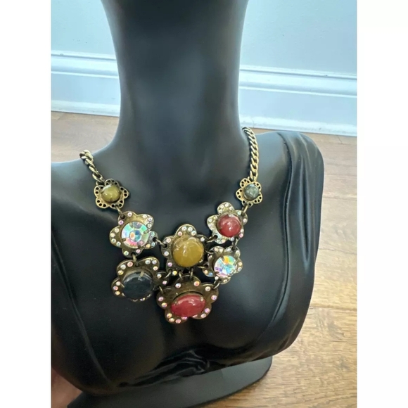 Betsey Johnson Woodland Y2K Metal Bib Necklace Antique Gold Tone Crystal,All Products : American Fashion Style Bags On Sale